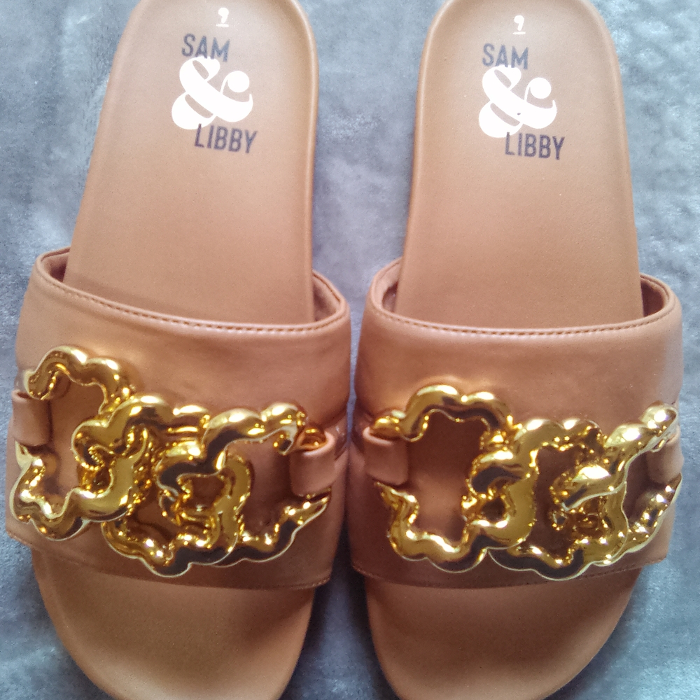 Sam & Libby Women's Tan Slide Sandals with Gold Accents